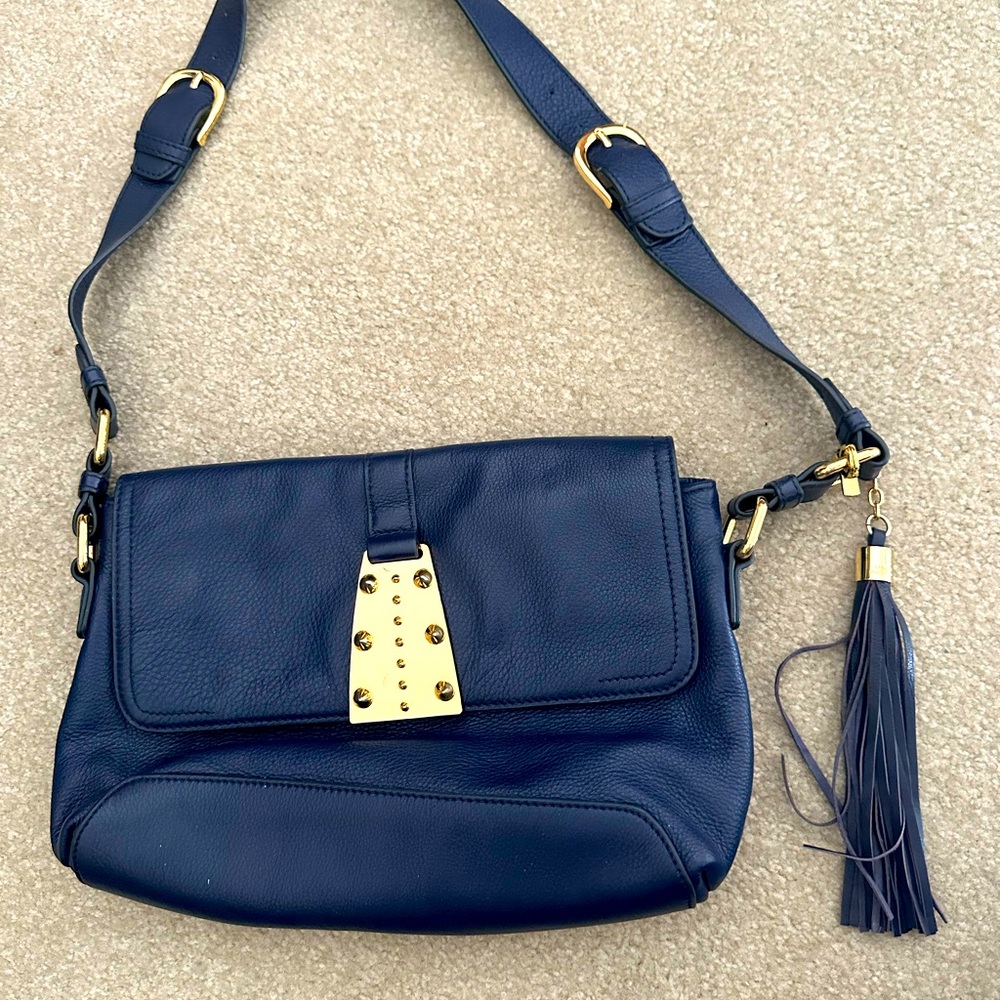 Vince Camuto Navy Blue and Gold Shoulder Bag with Textured Leather